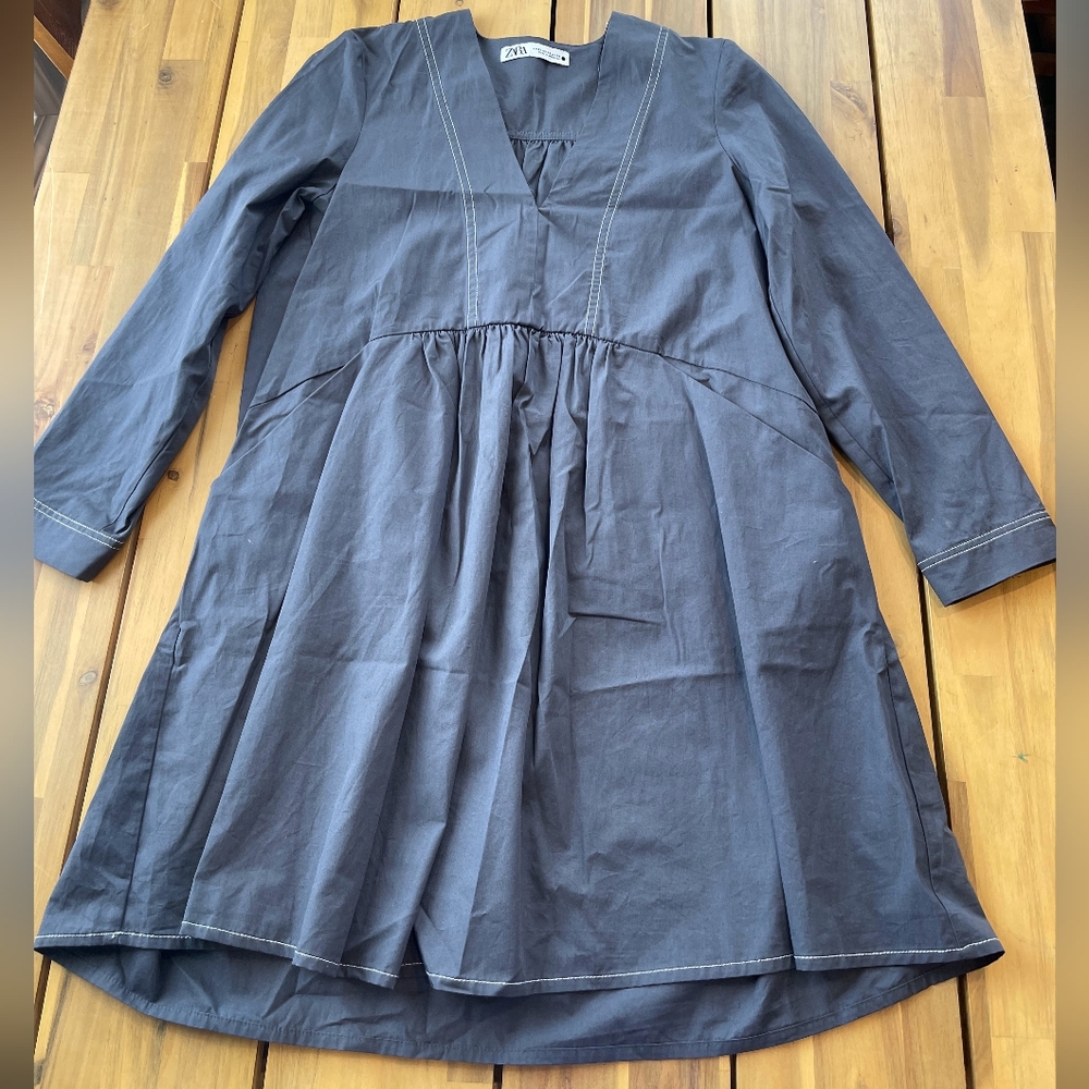 Zara Womens Oversized Charcoal Gray Long Sleeve Mini Pocket‎ Dress Size Xs